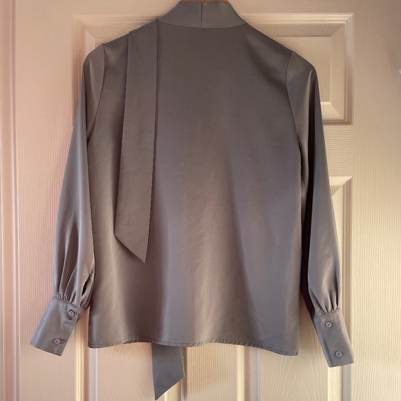 Satin grey blue button up blouse with tie - Picture 2 of 5
